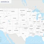 Silhouette and colored united states map with names and capitals background